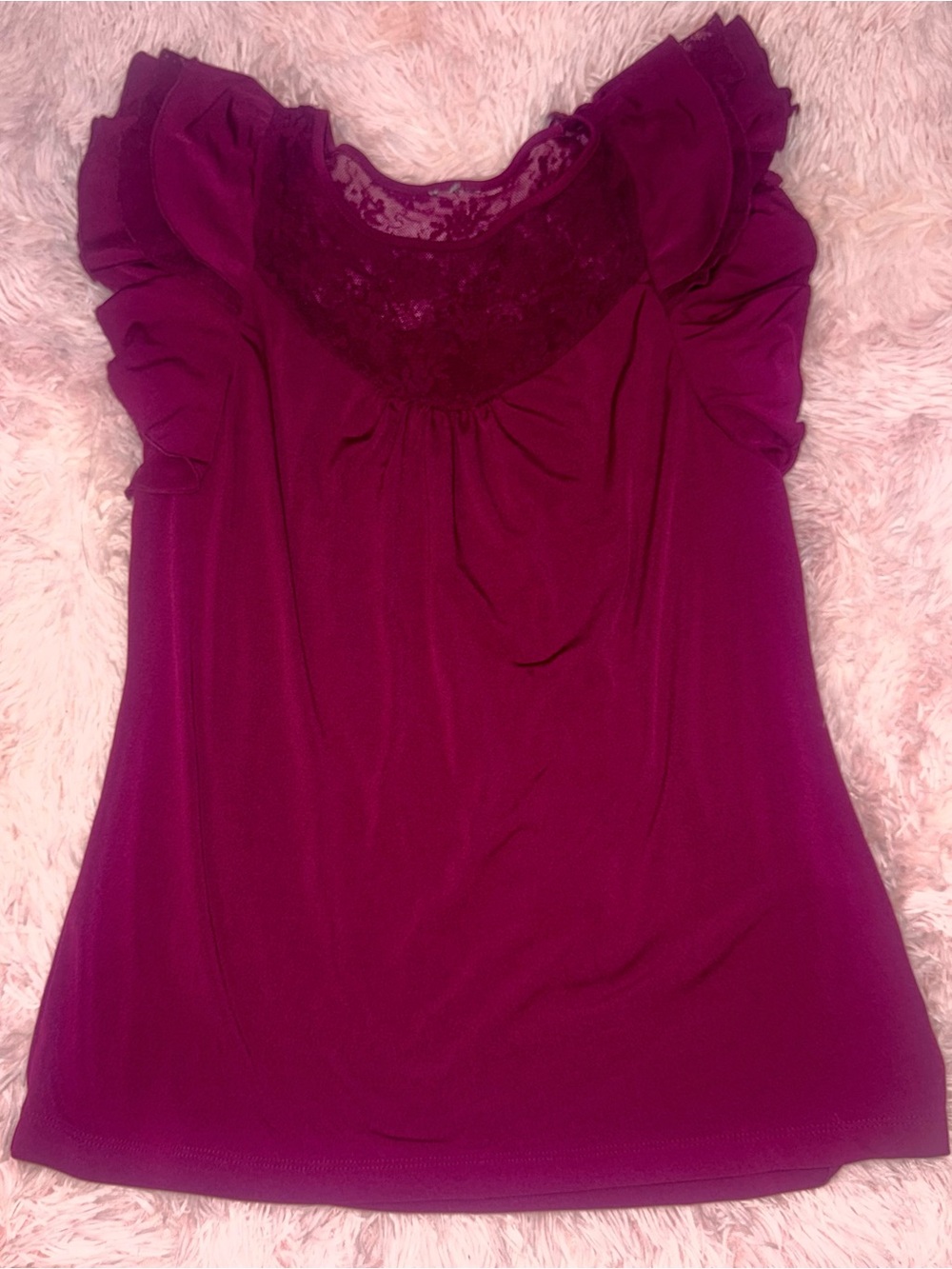 Source Unknown Plum Lace Yoke Ruffle Sleeve Top